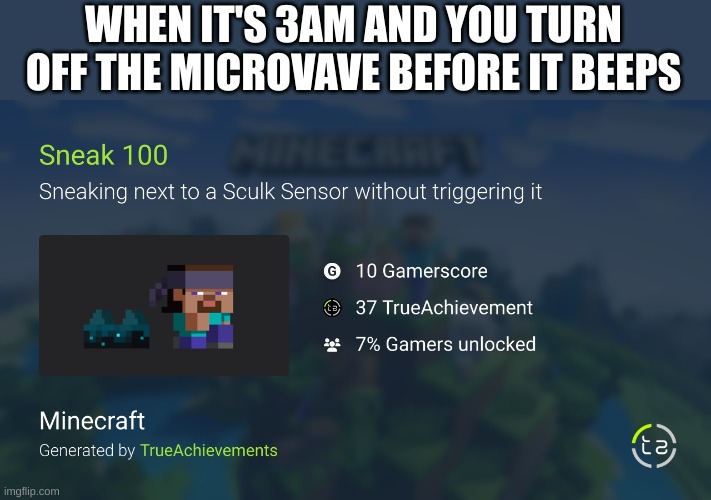 Sneak 100 | WHEN IT'S 3AM AND YOU TURN OFF THE MICROVAVE BEFORE IT BEEPS | image tagged in minecraft sneak 100 | made w/ Imgflip meme maker