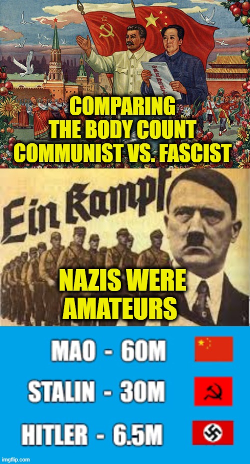 Why I Like Communism | COMPARING
THE BODY COUNT
COMMUNIST VS. FASCIST; NAZIS WERE
AMATEURS | image tagged in communism | made w/ Imgflip meme maker