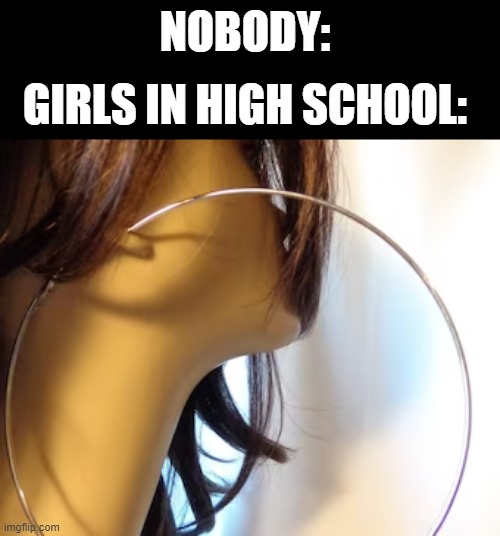 imma a girl myself but this is so true- | NOBODY:; GIRLS IN HIGH SCHOOL: | image tagged in highschool,girls,memes,barney will eat all of your delectable biscuits | made w/ Imgflip meme maker