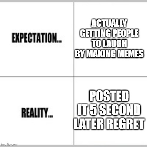 Expectation vs Reality | ACTUALLY GETTING PEOPLE TO LAUGH BY MAKING MEMES; POSTED IT 5 SECOND LATER REGRET | image tagged in expectation vs reality | made w/ Imgflip meme maker