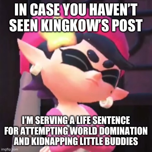 Gonna be here for a while | IN CASE YOU HAVEN’T SEEN KINGKOW’S POST; I’M SERVING A LIFE SENTENCE FOR ATTEMPTING WORLD DOMINATION AND KIDNAPPING LITTLE BUDDIES | image tagged in upset callie,memes,splatoon | made w/ Imgflip meme maker