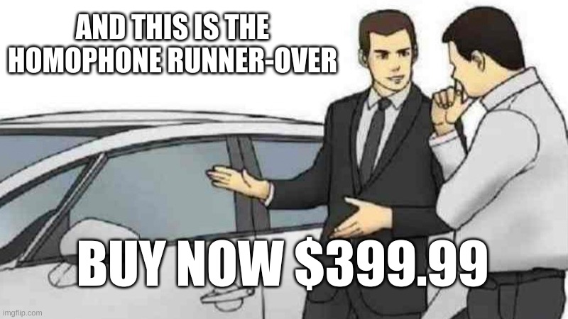 i want it | AND THIS IS THE HOMOPHONE RUNNER-OVER; BUY NOW $399.99 | image tagged in memes,car salesman slaps roof of car | made w/ Imgflip meme maker
