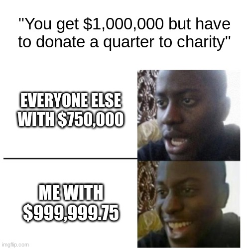 "You get $1,000,000 but have to donate a quarter to charity"; EVERYONE ELSE WITH $750,000; ME WITH $999,999.75 | image tagged in funny,meme,idk,why are you reading the tags,you have been eternally cursed for reading the tags | made w/ Imgflip meme maker