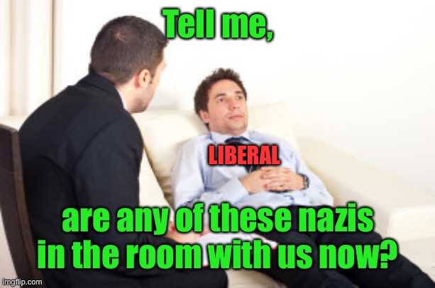 psychiatrist | Tell me, are any of these nazis in the room with us now? LIBERAL | image tagged in psychiatrist | made w/ Imgflip meme maker