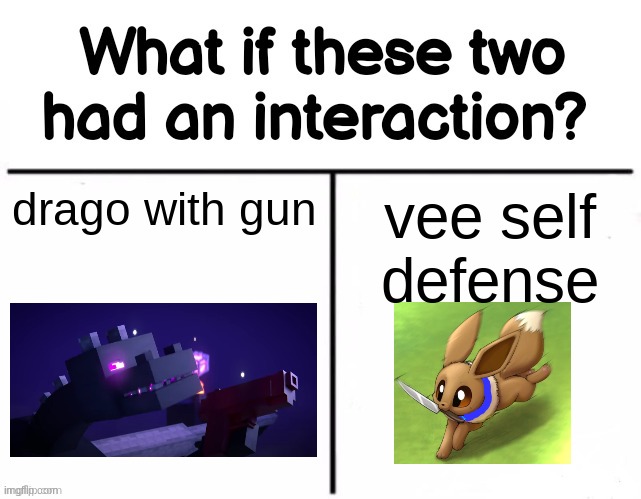 What if these two had an interaction? | drago with gun; vee self defense | image tagged in what if these two had an interaction | made w/ Imgflip meme maker