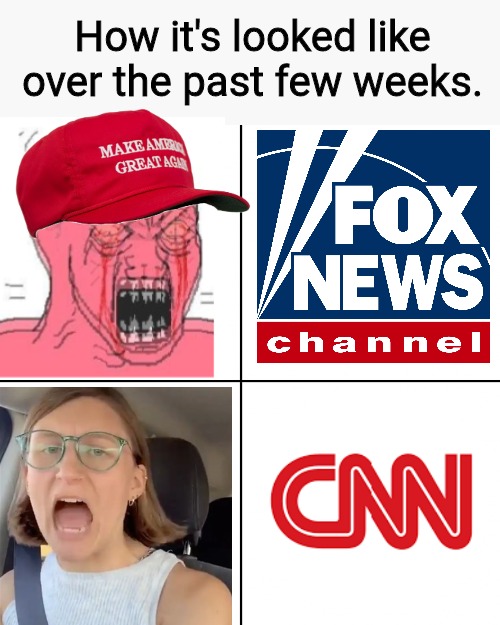 Fox & CNN Switch Sides | How it's looked like over the past few weeks. | image tagged in happy vs angry wojak,cnn,fox news,conservative,liberal,media | made w/ Imgflip meme maker