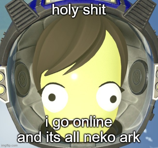 not complaining, its a great show | holy shit; i go online and its all neko ark | image tagged in scared kerbal | made w/ Imgflip meme maker