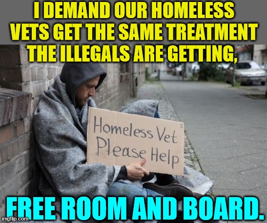 How the swamp treats our vets...  I'm ashamed of my country... | I DEMAND OUR HOMELESS VETS GET THE SAME TREATMENT THE ILLEGALS ARE GETTING, FREE ROOM AND BOARD. | image tagged in homeless,veterans | made w/ Imgflip meme maker