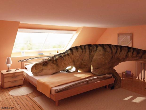 t-rex makes bed | image tagged in t-rex makes bed | made w/ Imgflip meme maker
