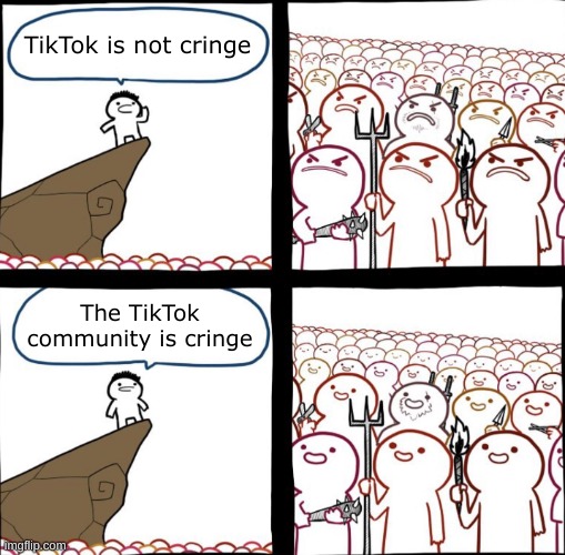 Just because there are a lot of cringe people, it doesn't mean you can just blame the whole | TikTok is not cringe; The TikTok community is cringe | image tagged in mad crowd happy crowd,memes,tiktok,cringe,apps,community | made w/ Imgflip meme maker