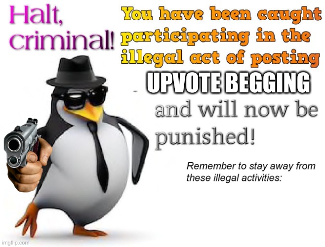 halt criminal! | UPVOTE BEGGING | image tagged in halt criminal | made w/ Imgflip meme maker