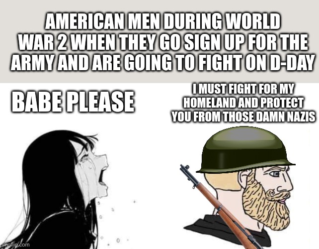 babe please | AMERICAN MEN DURING WORLD WAR 2 WHEN THEY GO SIGN UP FOR THE ARMY AND ARE GOING TO FIGHT ON D-DAY; I MUST FIGHT FOR MY HOMELAND AND PROTECT YOU FROM THOSE DAMN NAZIS; BABE PLEASE | image tagged in babe please | made w/ Imgflip meme maker