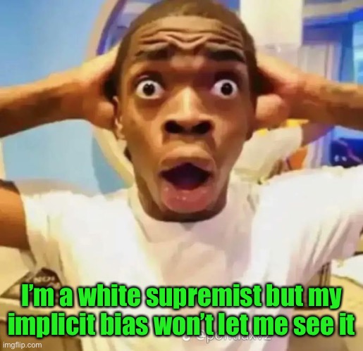 Shocked black guy | I’m a white supremist but my implicit bias won’t let me see it | image tagged in shocked black guy | made w/ Imgflip meme maker