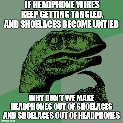 Philosoraptor | IF HEADPHONE WIRES KEEP GETTING TANGLED, AND SHOELACES BECOME UNTIED; WHY DON'T WE MAKE HEADPHONES OUT OF SHOELACES AND SHOELACES OUT OF HEADPHONES | image tagged in memes,philosoraptor | made w/ Imgflip meme maker