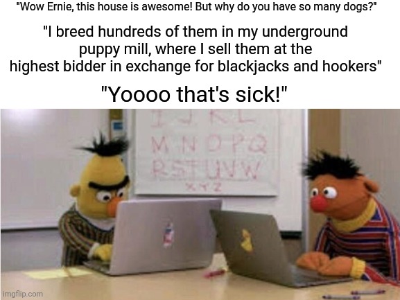 Ernie and Bert play Minecraft | "Wow Ernie, this house is awesome! But why do you have so many dogs?"; "I breed hundreds of them in my underground puppy mill, where I sell them at the highest bidder in exchange for blackjacks and hookers"; "Yoooo that's sick!" | image tagged in ernie and bert,minecraft memes,minecraft friendship,gaming,blackjack and hookers,dark humor | made w/ Imgflip meme maker