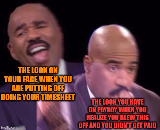 What Could Possibly Go Wrong | THE LOOK ON YOUR FACE WHEN YOU ARE PUTTING OFF DOING YOUR TIMESHEET; THE LOOK YOU HAVE ON PAYDAY WHEN YOU REALIZE YOU BLEW THIS OFF AND YOU DIDN'T GET PAID | image tagged in steve harvey laughing serious,timesheet reminder,timesheet meme | made w/ Imgflip meme maker