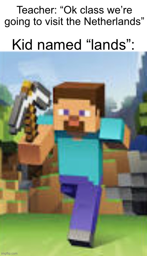 Minecraft meme | Teacher: “Ok class we’re going to visit the Netherlands”; Kid named “lands”: | image tagged in minecraft steve,minecraft memes | made w/ Imgflip meme maker