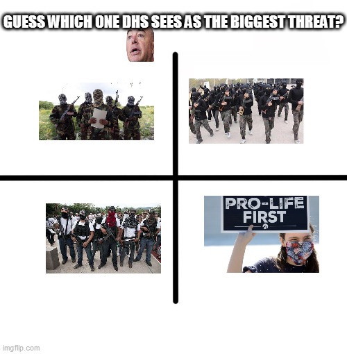 Blank Starter Pack Meme | GUESS WHICH ONE DHS SEES AS THE BIGGEST THREAT? | image tagged in memes,blank starter pack | made w/ Imgflip meme maker