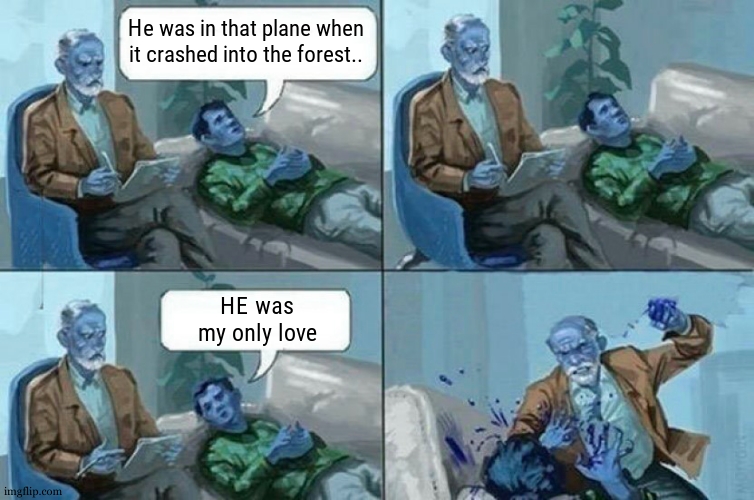 Homophobic therapist be like... | He was in that plane when it crashed into the forest.. HE was my only love | image tagged in therapy,im not homophobic but,that was the first idea i had when i saw this template,homophobic | made w/ Imgflip meme maker