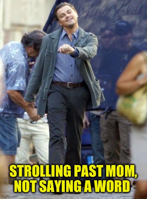 Dicaprio walking | STROLLING PAST MOM,
NOT SAYING A WORD | image tagged in dicaprio walking | made w/ Imgflip meme maker