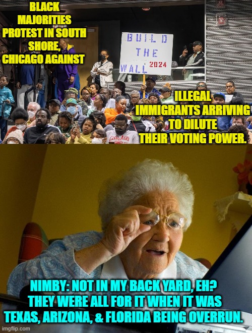 Leftists excel at NIMBY.  Virtue-signaling is NEVER supposed to rebound against them. | BLACK MAJORITIES PROTEST IN SOUTH SHORE, CHICAGO AGAINST; ILLEGAL IMMIGRANTS ARRIVING TO DILUTE THEIR VOTING POWER. NIMBY: NOT IN MY BACK YARD, EH?  THEY WERE ALL FOR IT WHEN IT WAS TEXAS, ARIZONA, & FLORIDA BEING OVERRUN. | image tagged in truth | made w/ Imgflip meme maker