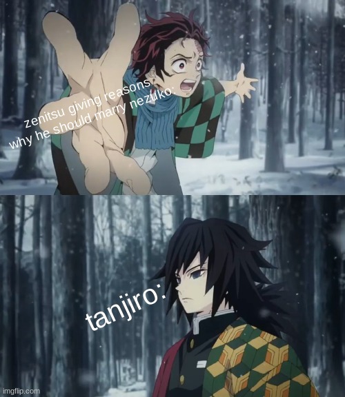 idk what to call this give me some names for this meme in da comments best comment i will name this meme | zenitsu giving reasons why he should marry nezuko:; tanjiro: | image tagged in tanjiro explaining to tomioka,anime,demon slayer | made w/ Imgflip meme maker