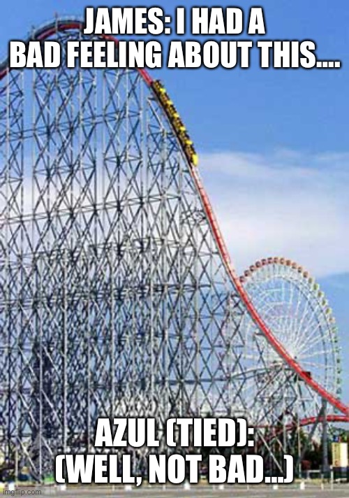 In the roller coaster…. | JAMES: I HAD A BAD FEELING ABOUT THIS…. AZUL (TIED): (WELL, NOT BAD…) | image tagged in rollercoaster | made w/ Imgflip meme maker