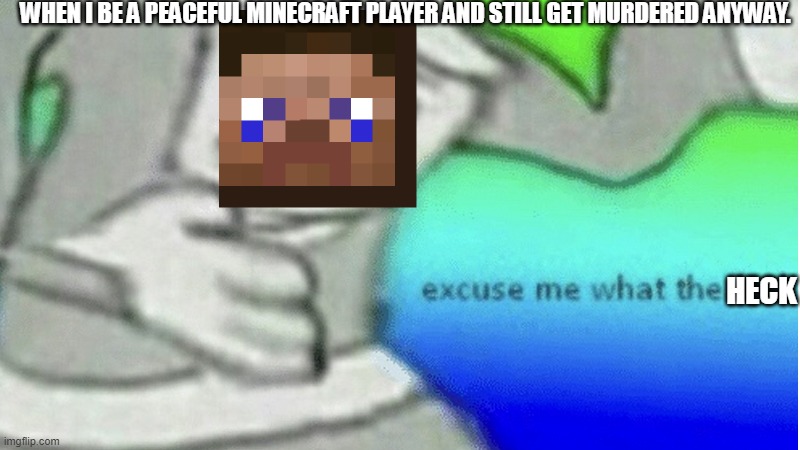 Excuse me what the f*ck | WHEN I BE A PEACEFUL MINECRAFT PLAYER AND STILL GET MURDERED ANYWAY. HECK | image tagged in excuse me what the f ck | made w/ Imgflip meme maker