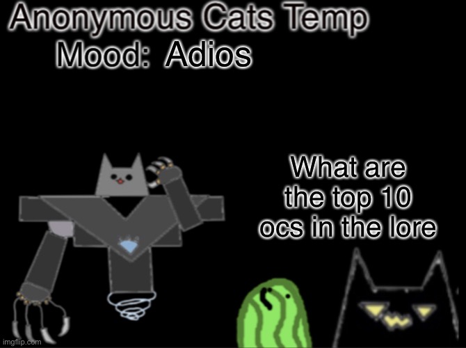 (I meant main ocs) | Adios; What are the top 10 ocs in the lore | image tagged in anonymous_cats temp | made w/ Imgflip meme maker