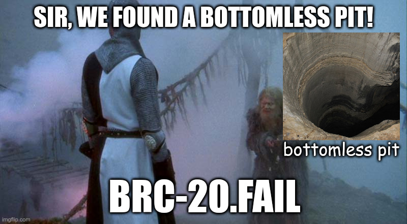 Monty Python and the Bridge of Death | SIR, WE FOUND A BOTTOMLESS PIT! bottomless pit; BRC-20.FAIL | image tagged in monty python and the bridge of death | made w/ Imgflip meme maker
