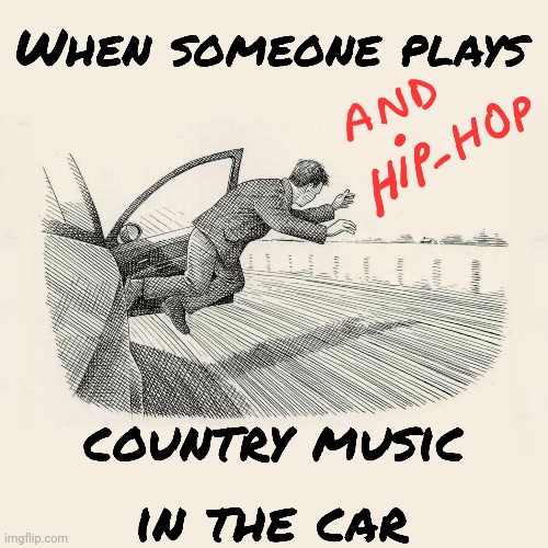 When country music comes on the car... | image tagged in country music makes you wanna die,country music,hiphop,rap,country sucks,hip hop rap sucks | made w/ Imgflip meme maker