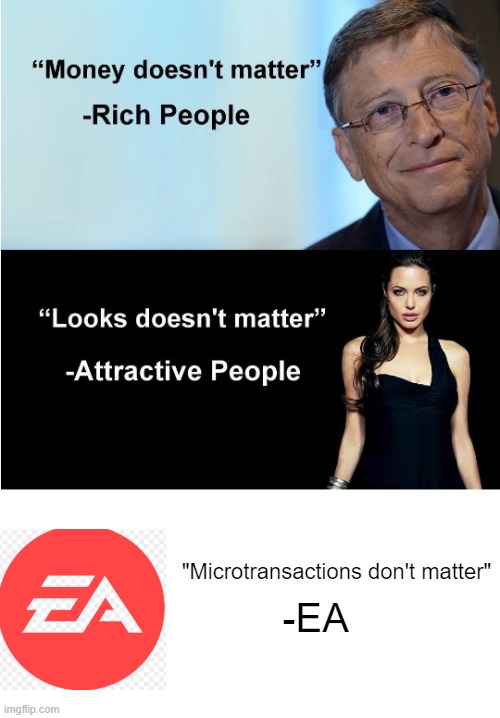 Money & Looks Don't Matter | "Microtransactions don't matter"; -EA | image tagged in money looks don't matter | made w/ Imgflip meme maker