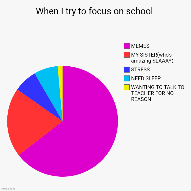 When I try to focus on school | WANTING TO TALK TO TEACHER FOR NO REASON, NEED SLEEP, STRESS, MY SISTER(who's amazing SLAAAY), MEMES | image tagged in charts,pie charts | made w/ Imgflip chart maker