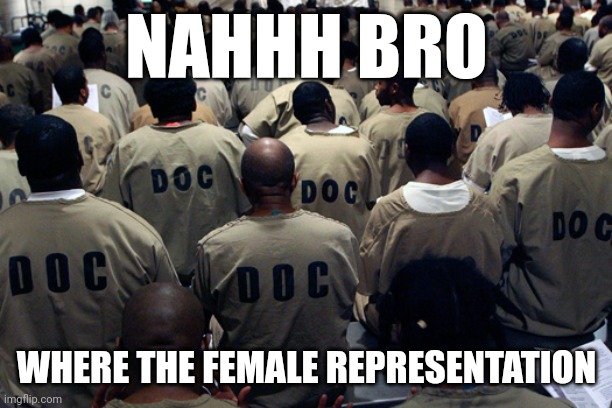 Oop | NAHHH BRO; WHERE THE FEMALE REPRESENTATION | image tagged in prison | made w/ Imgflip meme maker