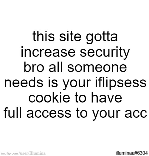 this site gotta increase security bro all someone needs is your iflipsess cookie to have full access to your acc | made w/ Imgflip meme maker