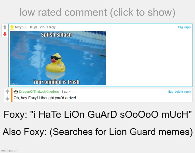 Couldn't he just... not look at Lion Guard memes? | Foxy: "i HaTe LiOn GuArD sOoOoO mUcH"; Also Foxy: (Searches for Lion Guard memes) | image tagged in low rated comment,the lion guard | made w/ Imgflip meme maker