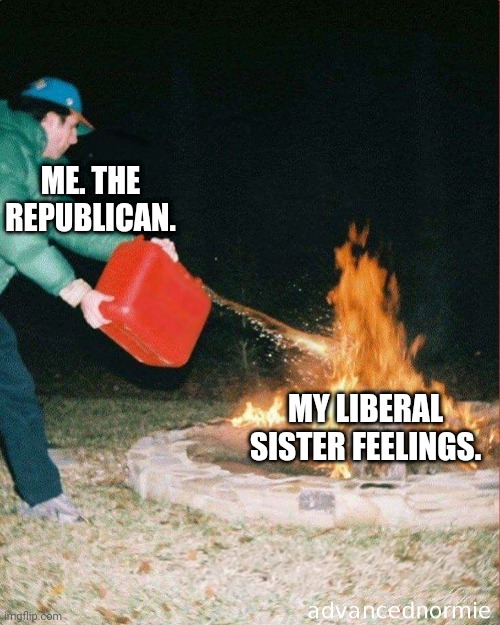 pouring gas on fire | ME. THE REPUBLICAN. MY LIBERAL SISTER FEELINGS. | image tagged in pouring gas on fire | made w/ Imgflip meme maker