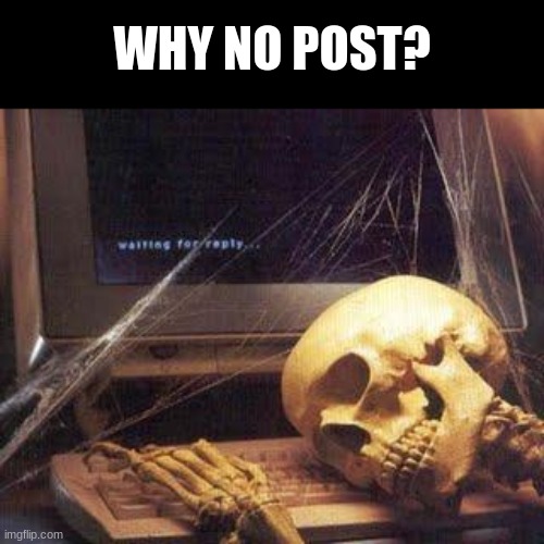why | WHY NO POST? | image tagged in waiting skull,silly,hehehaha | made w/ Imgflip meme maker