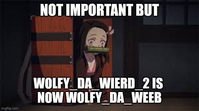 Wolfy | NOT IMPORTANT BUT; WOLFY_DA_WIERD_2 IS 
NOW WOLFY_DA_WEEB | image tagged in demon slayer nezuko | made w/ Imgflip meme maker