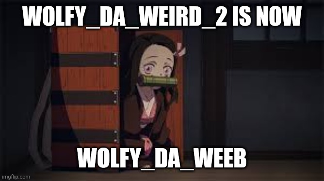 Demon Slayer Nezuko | WOLFY_DA_WEIRD_2 IS NOW; WOLFY_DA_WEEB | image tagged in demon slayer nezuko | made w/ Imgflip meme maker