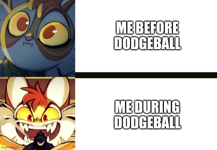 Dodgeball be like: | ME BEFORE DODGEBALL; ME DURING DODGEBALL | image tagged in horizontal line,lackadaisy | made w/ Imgflip meme maker