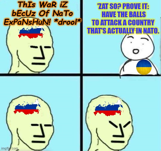 'ZAT SO? PROVE IT:
 HAVE THE BALLS TO ATTACK A COUNTRY THAT'S ACTUALLY IN NATO. ThIs WaR iZ bEcUz Of NaTo ExPaNsHuN! *drool* | made w/ Imgflip meme maker