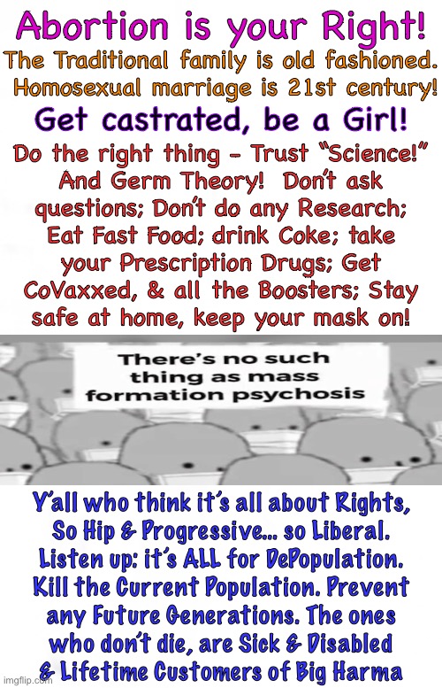If you believe it’s about Rights… YOU’ve been Played, & may be a manipulated puppet | Abortion is your Right! The Traditional family is old fashioned.  Homosexual marriage is 21st century! Get castrated, be a Girl! Do the right thing - Trust “Science!”
And Germ Theory!  Don’t ask
questions; Don’t do any Research;
Eat Fast Food; drink Coke; take
your Prescription Drugs; Get
CoVaxxed, & all the Boosters; Stay
safe at home, keep your mask on! Y’all who think it’s all about Rights,
So Hip & Progressive… so Liberal.
Listen up: it’s ALL for DePopulation.
Kill the Current Population. Prevent
any Future Generations. The ones
who don’t die, are Sick & Disabled
& Lifetime Customers of Big Harma | image tagged in memes,hook line n sinker,if you buy the lefty program u are programmed,stop now,turn n run from them,before all hope is lost | made w/ Imgflip meme maker