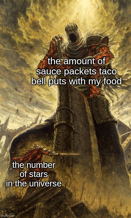 Yhorm Dark Souls | the amount of sauce packets taco bell puts with my food; the number of stars in the universe | image tagged in yhorm dark souls | made w/ Imgflip meme maker