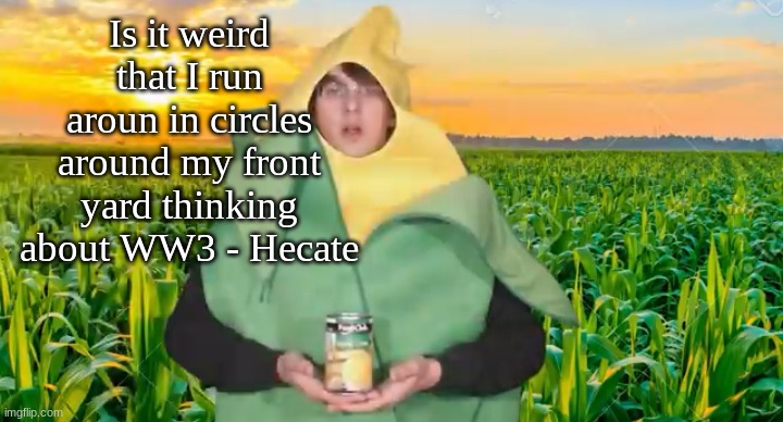 Is it weird that I run aroun in circles around my front yard thinking about WW3 - Hecate | image tagged in corn | made w/ Imgflip meme maker