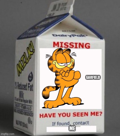 Garfield is lost | GARFIELD; ME | image tagged in milk carton | made w/ Imgflip meme maker