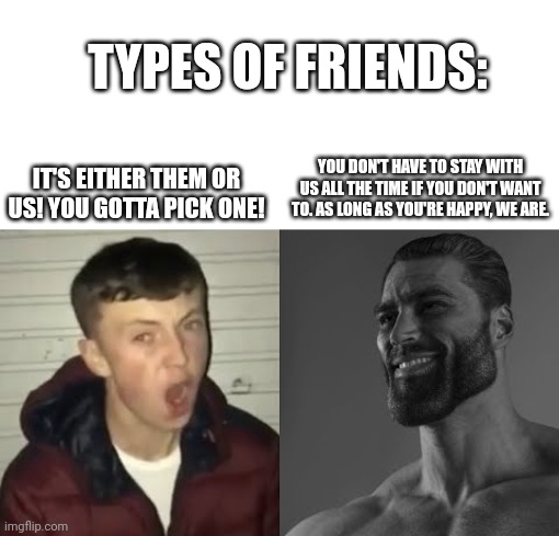 I hate those kinds of friends that think you "abandoned" them just because of that. | TYPES OF FRIENDS:; IT'S EITHER THEM OR US! YOU GOTTA PICK ONE! YOU DON'T HAVE TO STAY WITH US ALL THE TIME IF YOU DON'T WANT TO. AS LONG AS YOU'RE HAPPY, WE ARE. | image tagged in average enjoyer meme | made w/ Imgflip meme maker