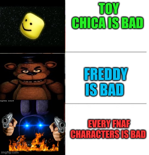 True | TOY CHICA IS BAD; FREDDY IS BAD; EVERY FNAF CHARACTERS IS BAD | image tagged in scary chart,true,sad but true | made w/ Imgflip meme maker