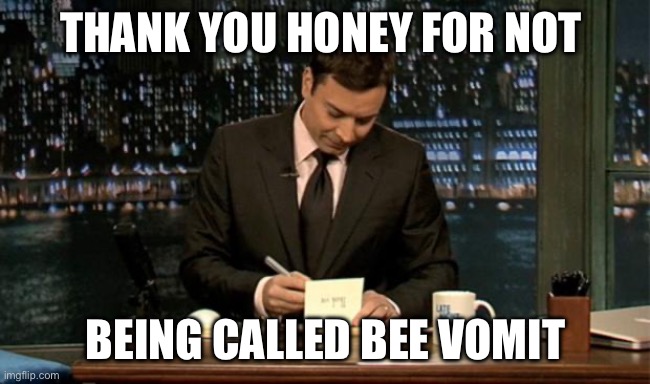 Bee Vomit Thank you Note | THANK YOU HONEY FOR NOT; BEING CALLED BEE VOMIT | image tagged in thank you notes jimmy fallon,bee vomit,bee humor,honey | made w/ Imgflip meme maker