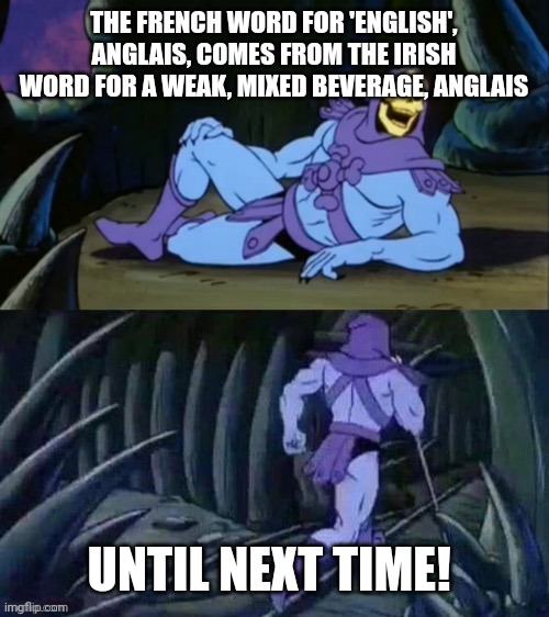 It's literally a two part insult, and i was thinking of uploading it onto rareinsults | THE FRENCH WORD FOR 'ENGLISH', ANGLAIS, COMES FROM THE IRISH WORD FOR A WEAK, MIXED BEVERAGE, ANGLAIS; UNTIL NEXT TIME! | image tagged in skeletor disturbing facts | made w/ Imgflip meme maker